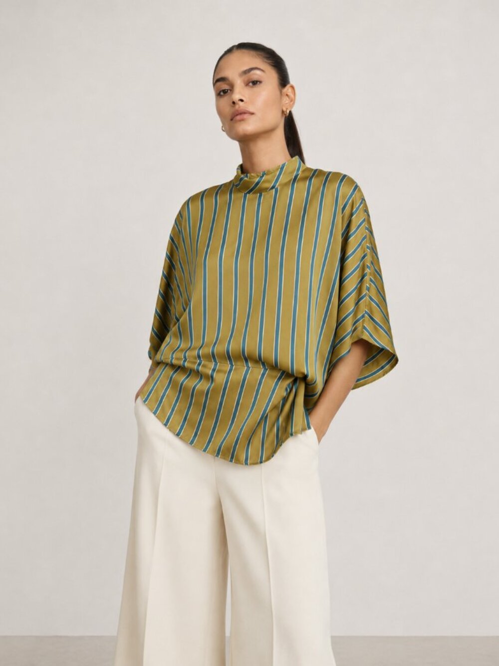 Rêveuse Olive Green Blue Striped Side-Twist Raw Edge Blouse Medium